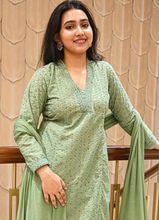 Load image into Gallery viewer, Sage Green Cotton Embroidered Suit Set with Dupatta
