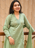 Image of Sage Green Cotton Embroidered Suit Set with Dupatta