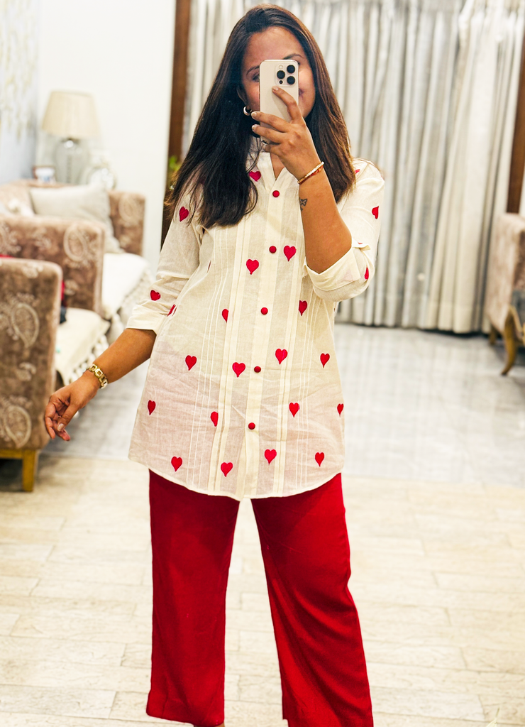 Heart-Printed Cotton Shirt & Shantoon Trouser Co-ord Set