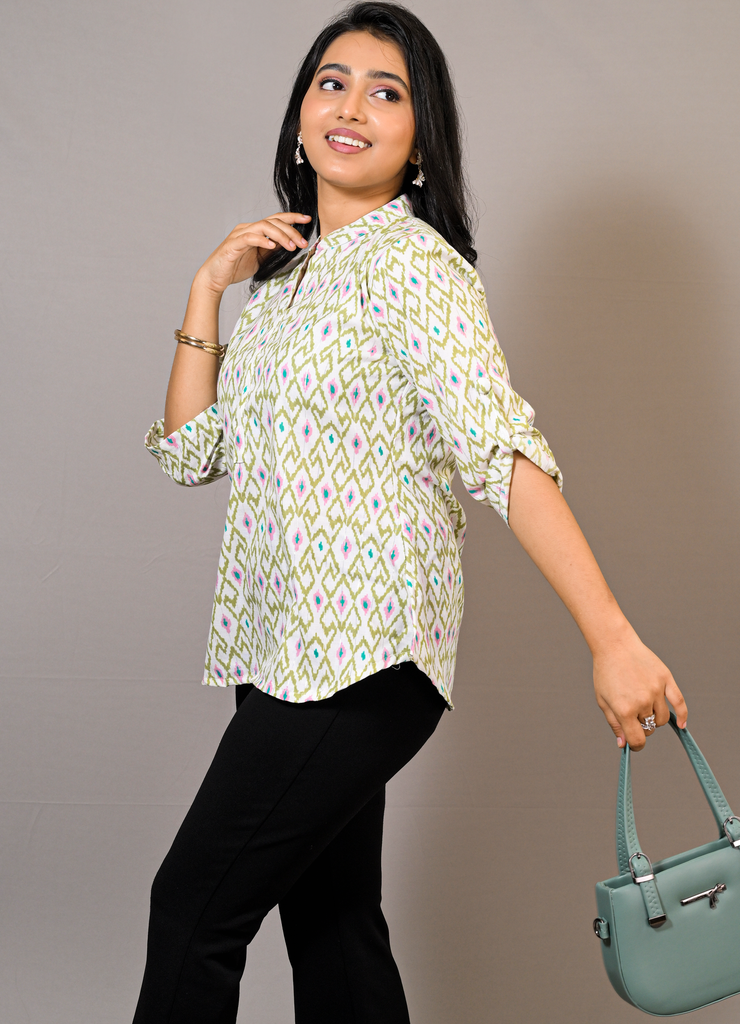 Green & Pink Ikat Print Cotton Top