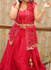 Image of Stylish Red Raw Silk Lehenga with Embroidered Net Shrug and Unstitched Choli