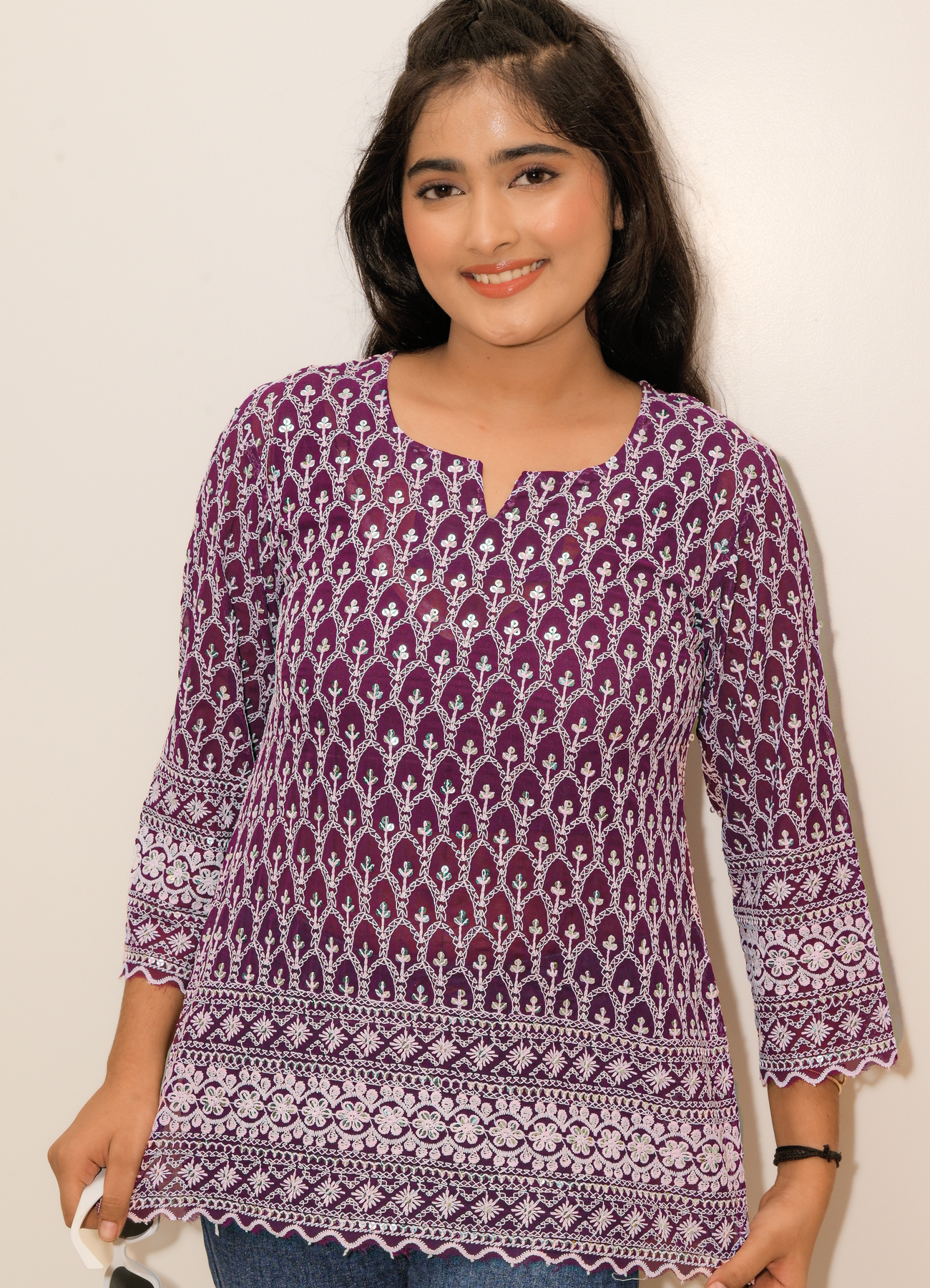 Plum Embroidered Georgette Short Kurta Top – Elegant Everyday Wear