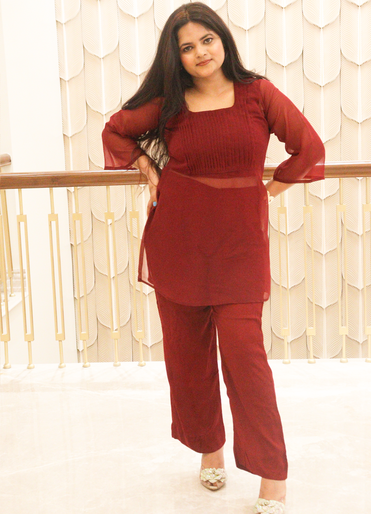 Maroon Georgette Pintuck Co-Ord Set