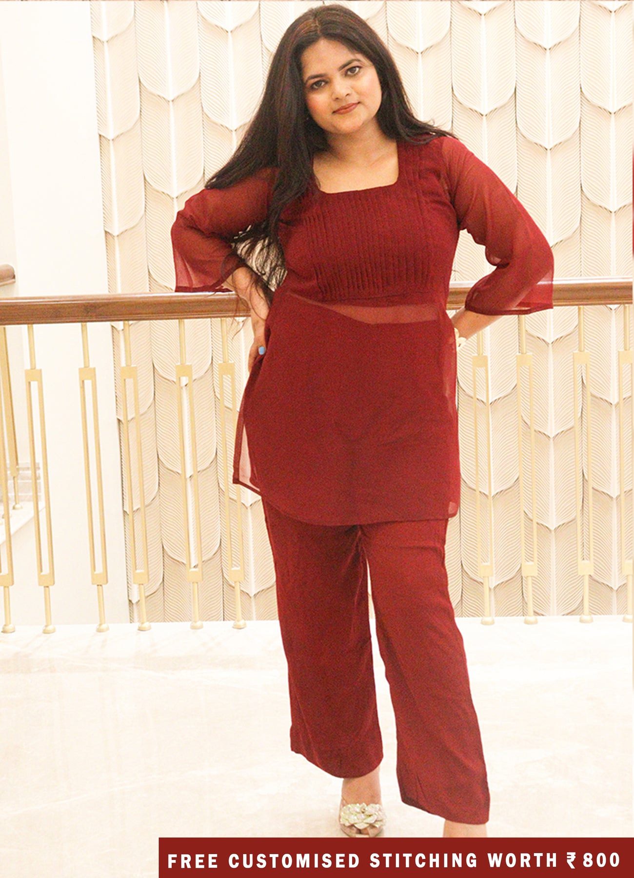Maroon Georgette Pintuck Co-Ord Set