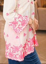 Load image into Gallery viewer, White Cotton Kurta with Pink Floral Embroidery