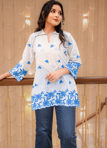 White Cotton Kurta with Blue Floral Embroidery