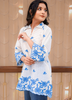 Image of White Cotton Kurta with Blue Floral Embroidery