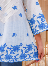 Load image into Gallery viewer, White Cotton Kurta with Blue Floral Embroidery