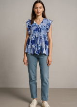 Load image into Gallery viewer, Indigo Patchwork Ruffle Peplum Top