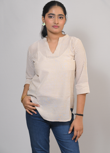 Beige & White Vertical Stripe Cotton Top