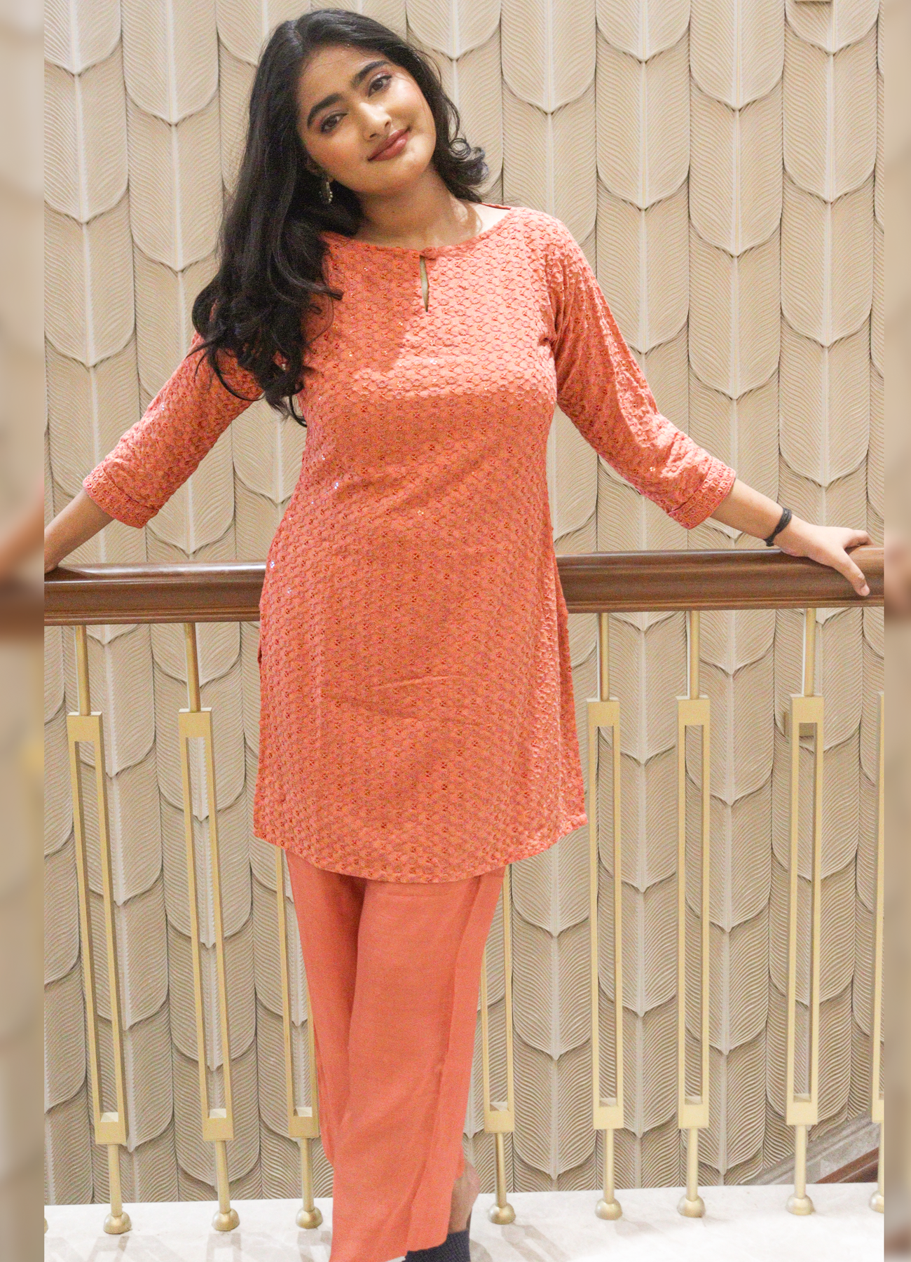 Peach Embroidered Cotton Co-Ord Set with Cotton Pants