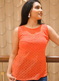 Vibrant Orange Sleeveless Cotton Lace Top