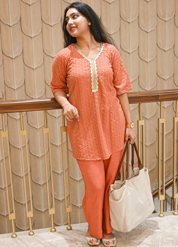Elegant Textured Co-ord Set in Burnt Sienna with Contrast Gota Patti Neckline