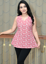 Load image into Gallery viewer, Women&#39;s Pure Cotton Sleeveless Printed Peplum Top – Pink &amp; White