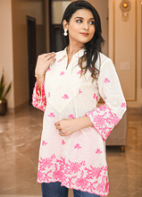 Load image into Gallery viewer, White Cotton Kurta with Pink Floral Embroidery