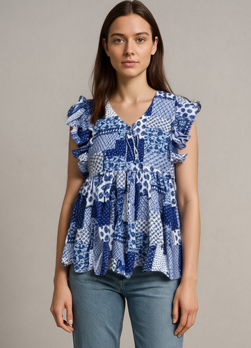 Indigo Patchwork Ruffle Peplum Top