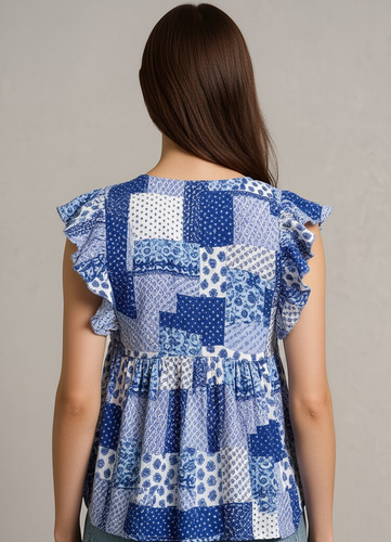Indigo Patchwork Ruffle Peplum Top