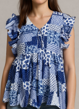 Load image into Gallery viewer, Indigo Patchwork Ruffle Peplum Top