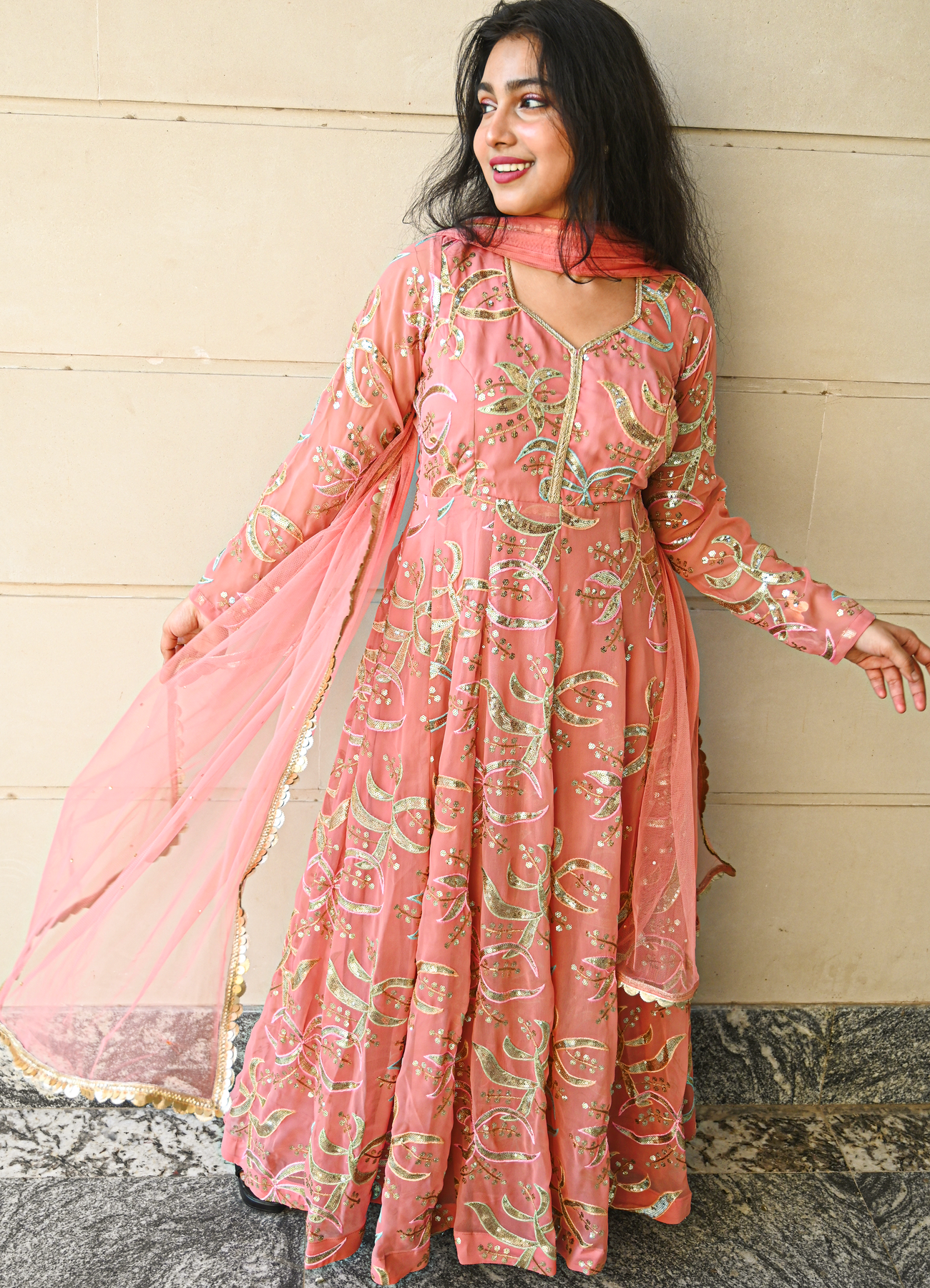 Rose Glow Embroidered Georgette Anarkali Kurta Set with Net Dupatta