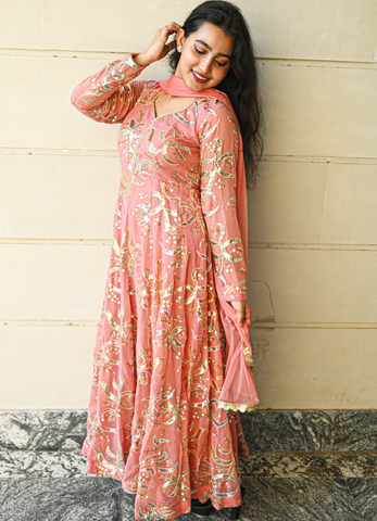 Rose Glow Embroidered Georgette Anarkali Kurta Set with Net Dupatta