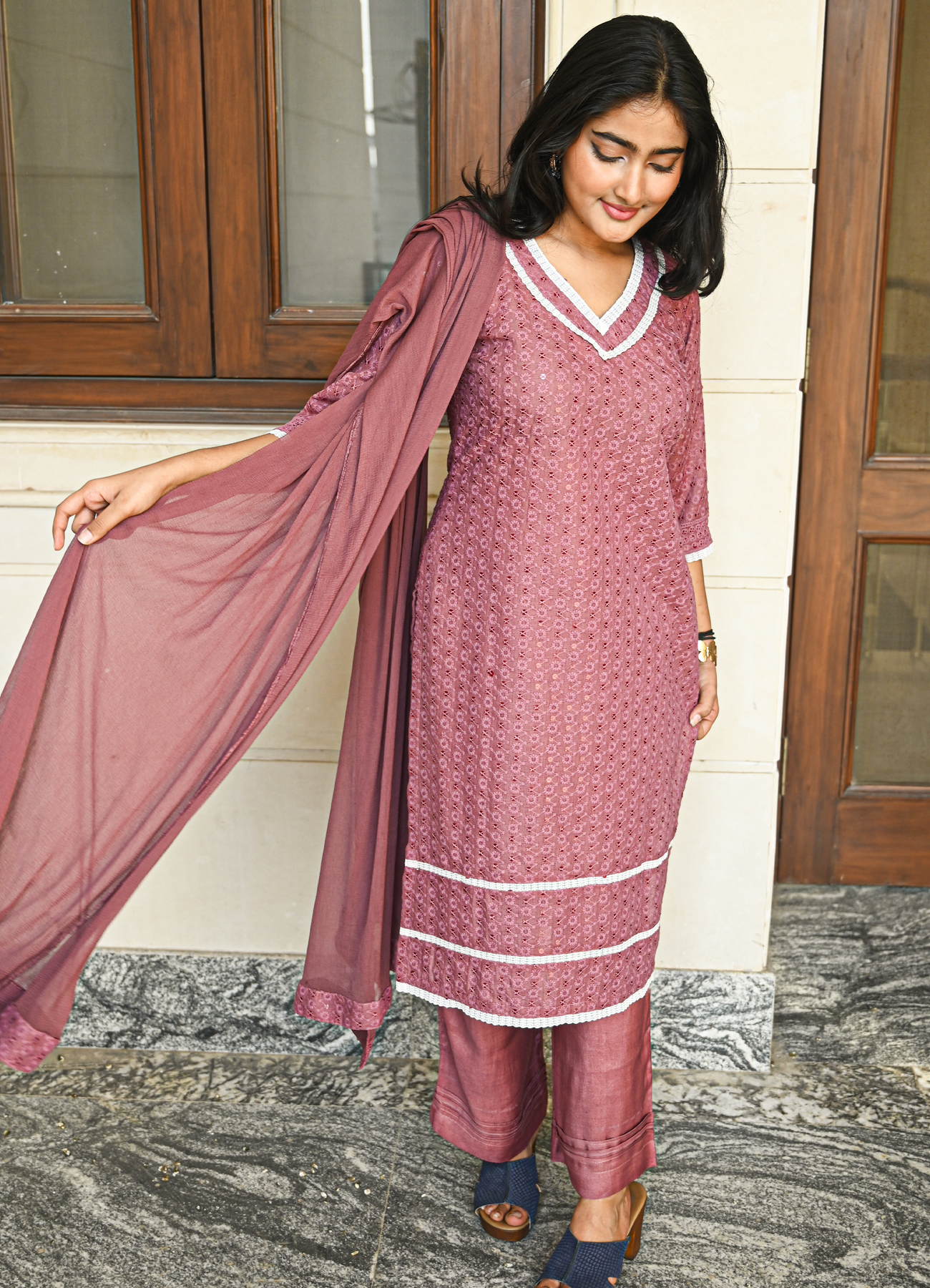 Blush Pink Embroidered Cotton Kurta Set with Chiffon Dupatta