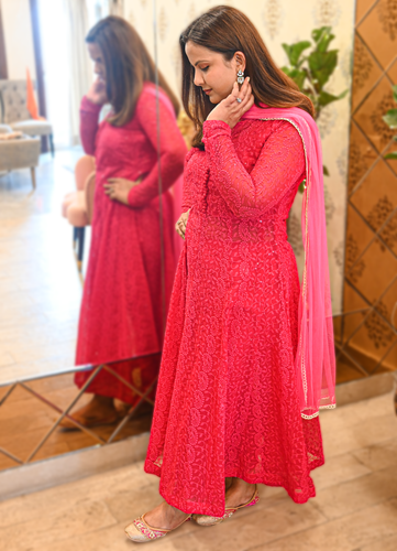 Pink Georgette Chikankari Anarkali Set with Chiffon Dupatta