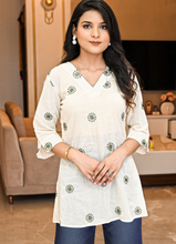 Load image into Gallery viewer, Off-White Pure Cotton Top with Green Thread Embroidery