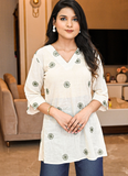 Off-White Pure Cotton Top with Green Thread Embroidery