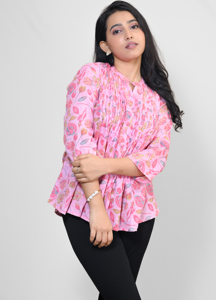 Pink Floral Pleated Rayon Top