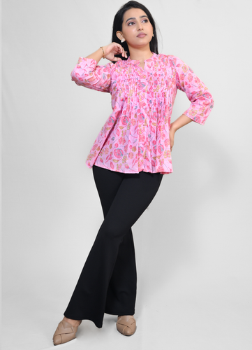Pink Floral Pleated Rayon Top