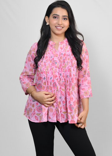 Pink Floral Pleated Rayon Top