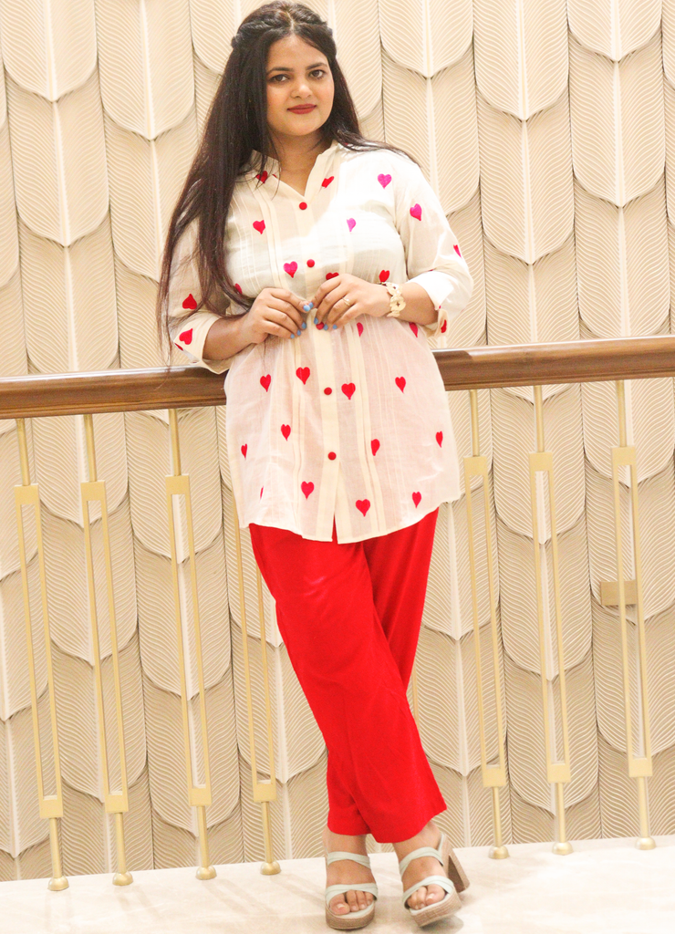 Heart-Printed Cotton Shirt & Shantoon Trouser Co-ord Set