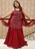 Image of Maroon Georgette Lehenga Set with Mirror Work Choli and Matching Dupatta
