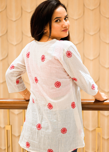 Off-White Pure Cotton Top with Red Thread Embroidery