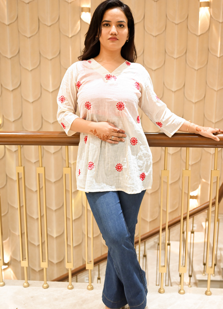 Off-White Pure Cotton Top with Red Thread Embroidery