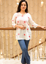 Load image into Gallery viewer, Off-White Pure Cotton Top with Red Thread Embroidery