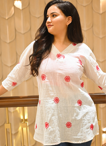 Off-White Pure Cotton Top with Red Thread Embroidery