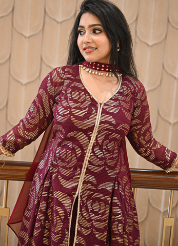 Maroon Georgette Shrug Style Lehenga Set with Sequin Embroidery