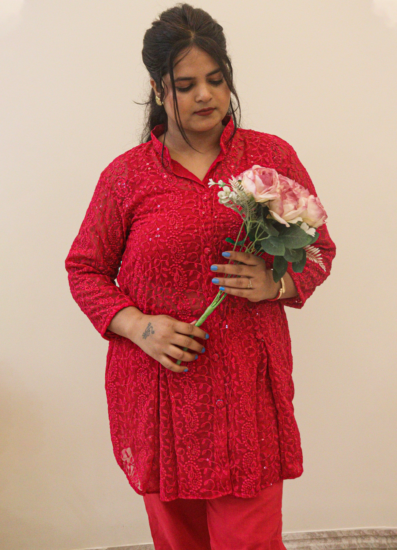Cherry Red Embroidered Lace Co-Ord Set