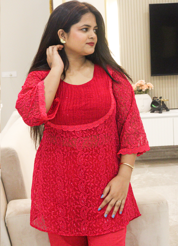 Vibrant Red Netted Co-Ord Set with Detailed Yoke Design