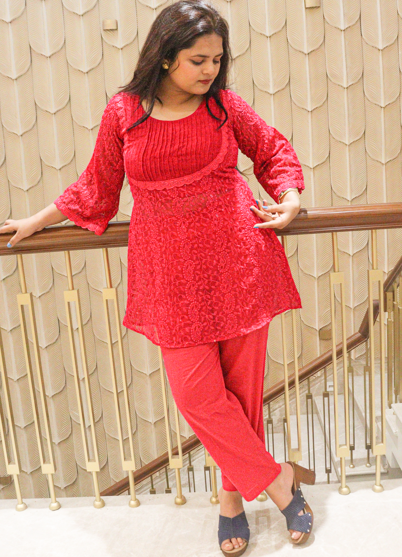 Vibrant Red Netted Co-Ord Set with Detailed Yoke Design