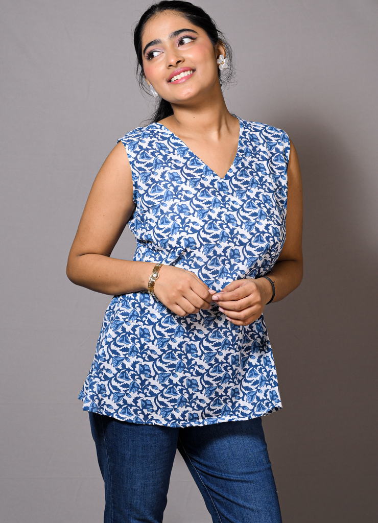 Blue Floral Print Cotton Sleeveless Top