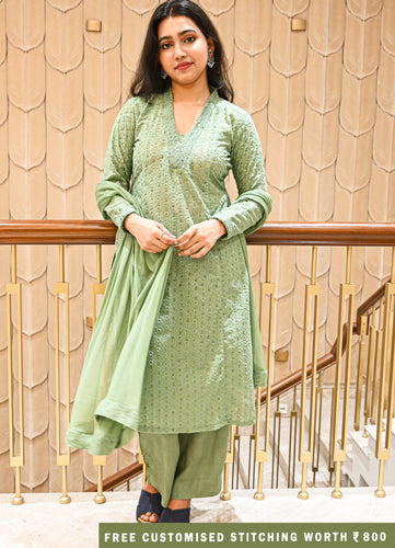 Sage Green Cotton Embroidered Suit Set with Dupatta