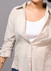 Image of Beige & White Striped Cotton Button-Down Shirt for Women – Casual Chic with Rolled-Up Sleeves
