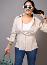 Load image into Gallery viewer, Beige &amp; White Striped Cotton Button-Down Shirt for Women – Casual Chic with Rolled-Up Sleeves