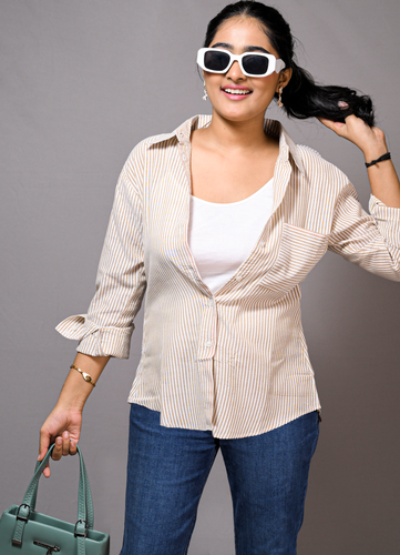 Beige & White Striped Cotton Button-Down Shirt for Women – Casual Chic with Rolled-Up Sleeves