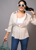 Image of Beige & White Striped Cotton Button-Down Shirt for Women – Casual Chic with Rolled-Up Sleeves