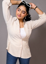Load image into Gallery viewer, Beige &amp; White Striped Cotton Button-Down Shirt for Women – Casual Chic with Rolled-Up Sleeves