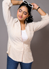 Image of Beige & White Striped Cotton Button-Down Shirt for Women – Casual Chic with Rolled-Up Sleeves
