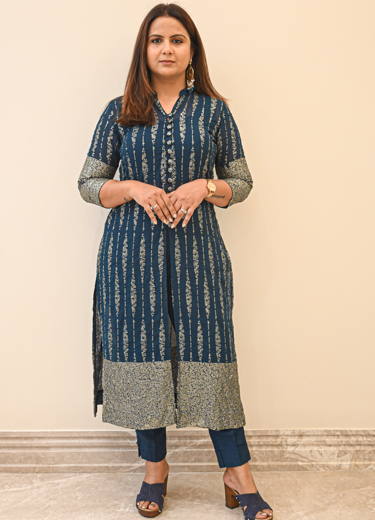 Midnight Blue Printed Georgette Kurta Set with Shantoon Pant